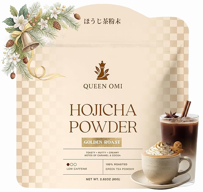 Queen Omi Organic Hojicha Powder | 80g | 100% Organic Japanese Roasted Green Tea Powder—Matcha & Coffee Alternative | Low Caffeine, Antioxidant-Rich, Smooth, Toasty, Nutty Flavor (Golden Roast)