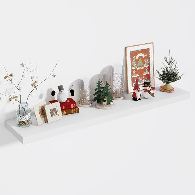 Fun Memories 55 Inch Fireplace Mentel Shelf, 10 Inch Deep Shelves for Display & Wall Storage, Rustic Wood Wall Shelf, Extra Long Floating Shelves for Living Room Laundry Room, White, Set of 1
