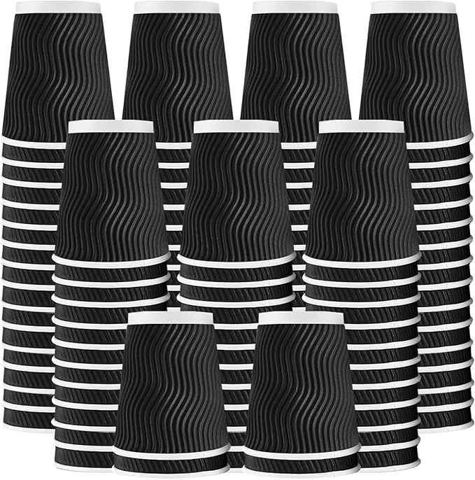 Lamosi Disposable Coffee Cups 10 OZ 100 Pack, Paper Coffee Cups 10 OZ for Hot Drinks or Cold Beverages, Insulated Corrugated Ripple Wall Cup No Lids for Office, Cafe, Home or Travel (Black)