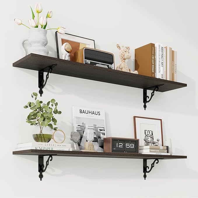 RICHFOCUS Floating Shelves for Wall Decor, 39.4W x 8D Shelves Set of 2, 8 Inch Deep Rustic Wood Shelves Wall Mounted with Brackets, Long Floating Shelves for Living Room Bedroom Kitchen, Black