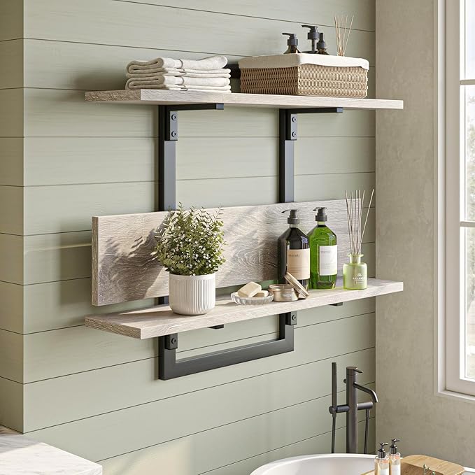 Bestier Floating Shelves for Wall, 32 inch Kitchen Shelves Wall Mounted, 3 Tier Coffee Bar Shelf with Foldable Brackets, Industrial Display Shelf for Bathroom, Living Room, Retro Grey