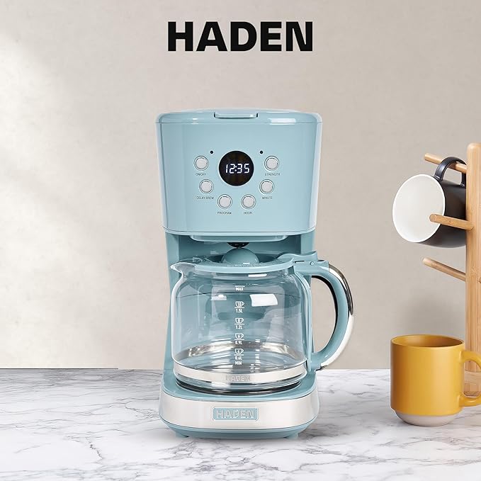 Haden Brighton Coffee Machine, 12 Cup Programmable Drip Coffee Maker with Auto Shut-Off Function and Reusable Washable Water Filter, Sky Blue & Chrome