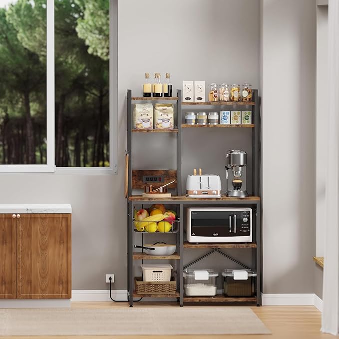 Luckyeestar Kitchen Bakers Rack with Power Outlet, 35.4" 6-Tier Microwave Stand, Coffee Bar with 12 S-Shaped Hooks, Adjustable Feet Pads&150lbs CapacityKitchen Shelf with Wire Basket, Rustic Brown