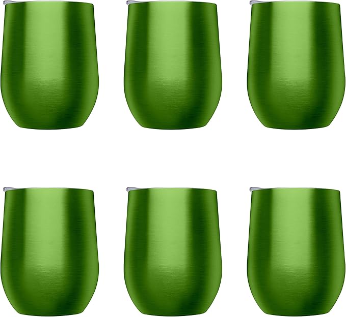 DISCOUNT PROMOS Stemless Wine Glass Tumblers with Lids by Largo 11 oz. Set of 6, Bulk Pack - Perfect for Wine, Cocktails, Other Hot & Cold Beverages - Lime Green