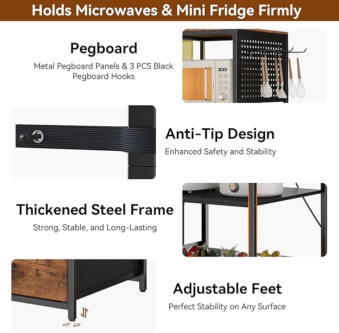 Mini Fridge Stand with Adjustable Shelf, Power Outlet & Storage, Kitchen Organizer for Microwave, Coffee Bar, Dorm, Office (Brown)