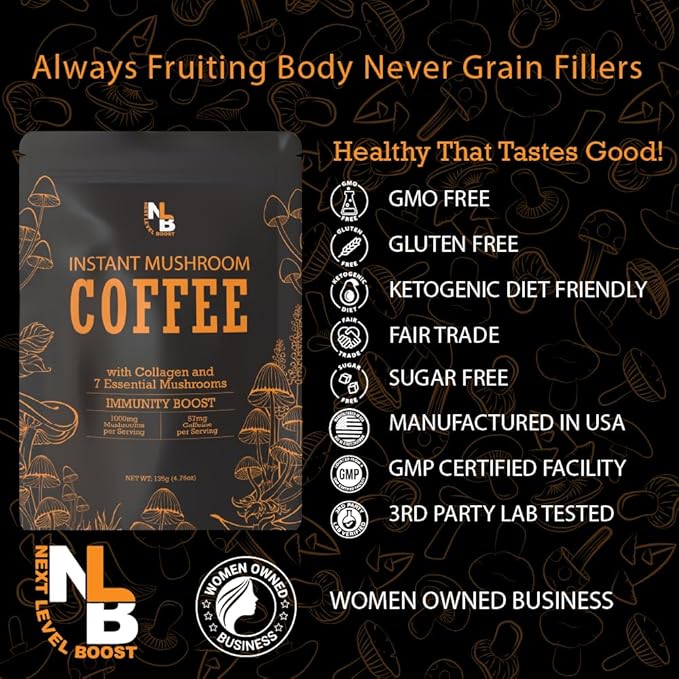 Immunity Boost Organic Mushroom Instant Coffee - 135g, 15 Servings Pouch - Healthy Coffee alternative and Substitute - With Chaga, Collagen, Lions Mane and Antioxidants