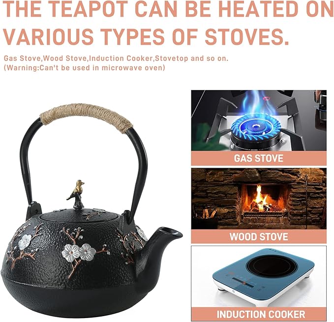 Tea Set Tea Kettle Japanese Style Beautiful Black Cast Iron Teapot Set with 4 Cups,4 Cup Mats,1 Trivet and 1 Lid Holder,40.6oz Teapot with Infuser for Stove Top Safe