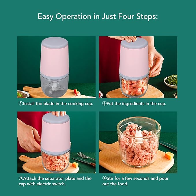300ML Mini Food Processor, Cordless Electric Food Chopper for Vegetables Fruits Meat, Baby Food Preparer Includes Blade, Container and Charging Cable (Rosa)
