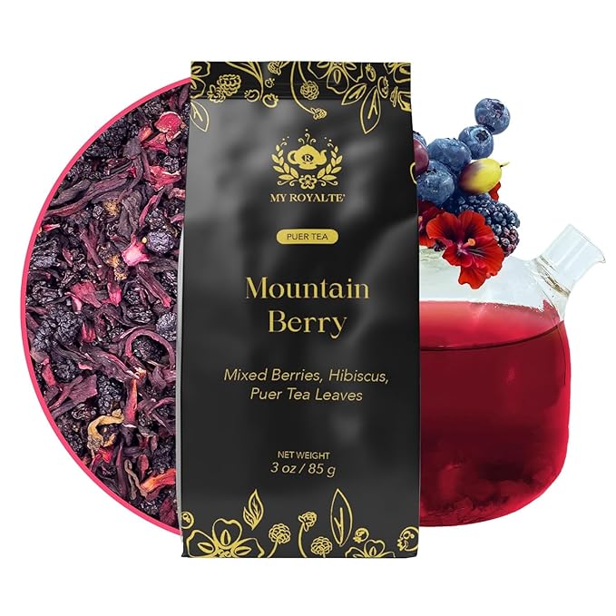 MyRoyalte Mountain Berry Puerh Tea Organic - Hibiscus Loose Leaf Tea With Blueberries, Grapes, Mulberries - Pu'er Tea Gift Idea for Tea Lovers - 3 oz