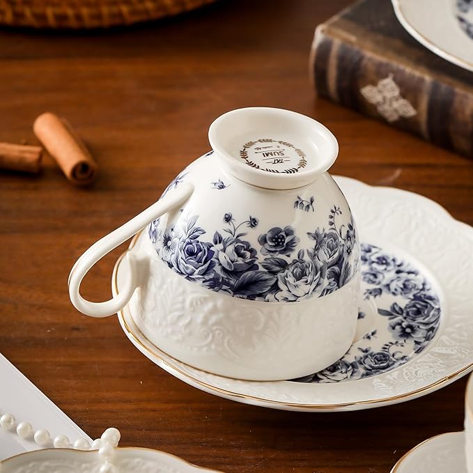 TATSUMI Interglio Embossed Bone China Tea Cup and Saucer Set, 3 Pieces Vintage Style Coffee Cup & Saucer Set For Women Wedding Gift (Starry Sky Rose, 1 set)