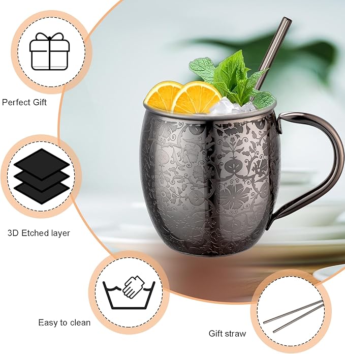 Moscow Mule MugsSet of 2-18 Oz Copper-Plated Fine Craftsmanship Etched Mugs,304 Stainless Steel-Lined Mule Cups,For Cold Drinks, Beer, Wine, Bars, Parties