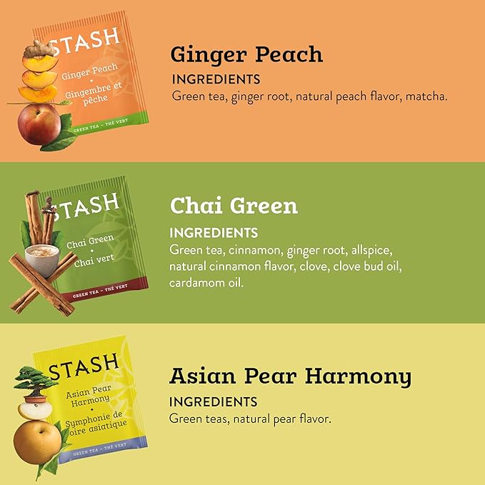 STASH Green Tea Variety Pack – Caffeinated, 6 Boxes of 18-20 Tea Bags Each – Pomegranate Raspberry, Premium Green, Moroccan Mint, Ginger Peach, Chai Green & Asian Pear Harmony