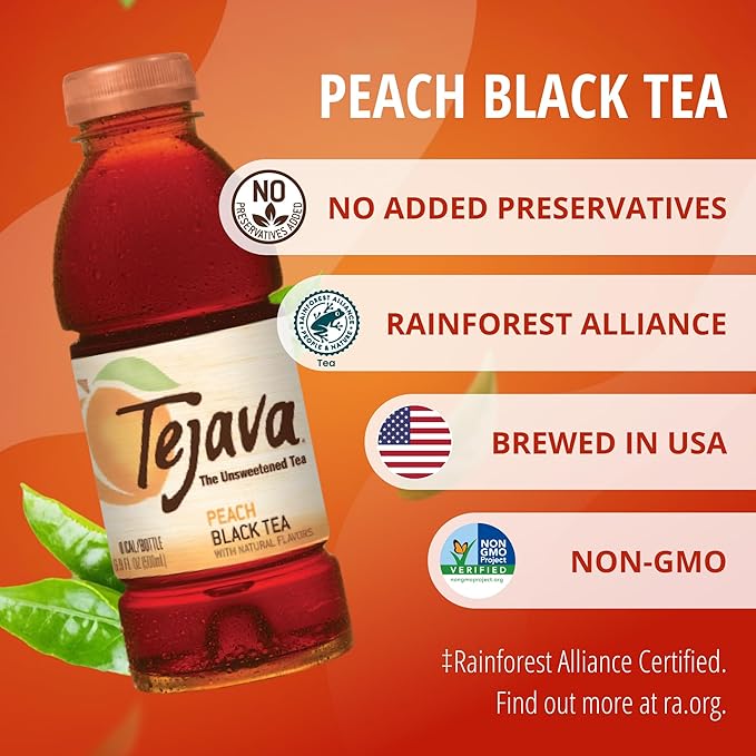 Tejava Peach Black Tea, 6 Pack 16.9 oz PET, Unsweetened, Ready-to-Drink Premium Iced Tea