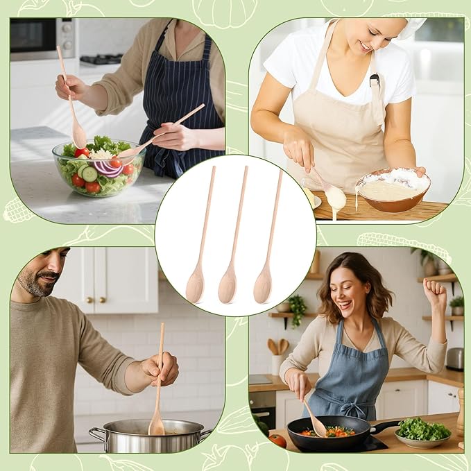 HANSGO 3PCS Wooden Spoons for Cooking, 14 Inch Long Handle Spoons for Deep Pots, Wooden Kitchen Utensil Set for Stirring, Mixing and DIY Crafts, Sturdy & Lightweight