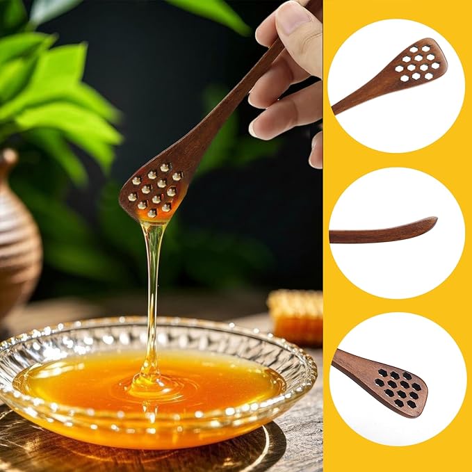 4PCS Wooden Honey Dipper Sticks - Natural Honey Drizzler Stirrer for Tea, Coffee, Syrup (7.3"),Reusable Honey Comb Spoon Set for Jar Dispensing Bread Spread Chocolate Caramel (Brown)