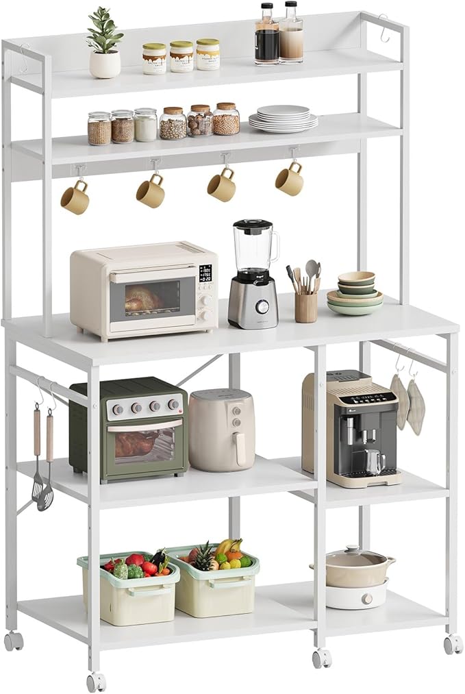Kitchen Bakers Rack with Storage，Microwave Stand with Wheels，with Adjustable Shelves，Kitchen Shelves，Coffee Bar with 10 S-Shaped Hooks，35.4 * 15.8 * 61 Inches，White