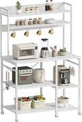 Kitchen Bakers Rack with Storage，Microwave Stand with Wheels，with Adjustable Shelves，Kitchen Shelves，Coffee Bar with 10 S-Shaped Hooks，35.4 * 15.8 * 61 Inches，White