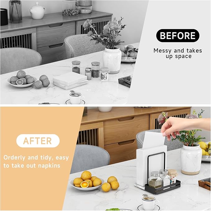 Napkin Holder, Marble Napkin Holder for Table with Salt and Pepper Shakers Caddy, Standing Paper Napkin Storage for Kitchen Dining Table Decor, Marble & Metal Base, Black