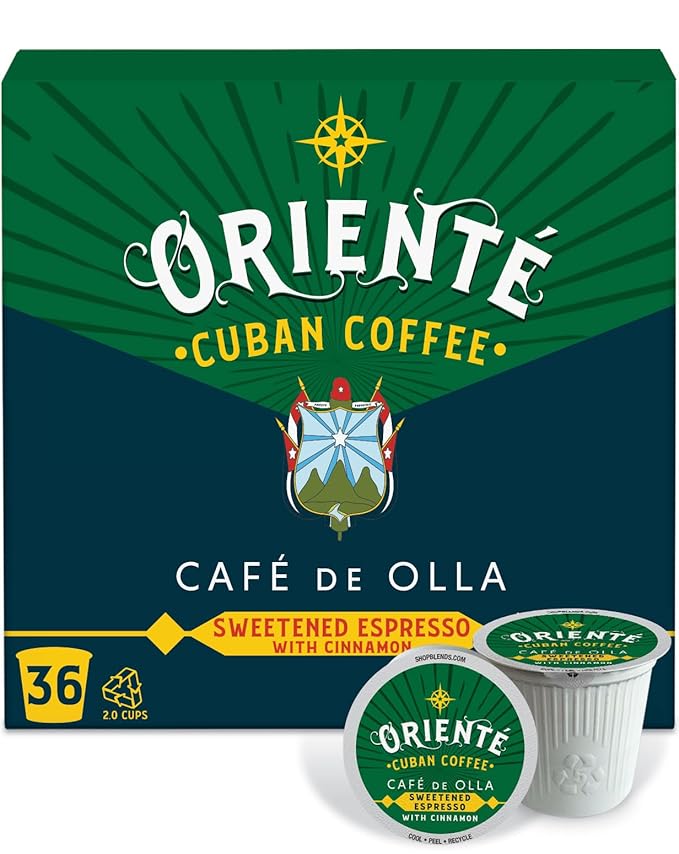 Oriente Sweetened Espresso with Cinnamon Coffee Pods, 36 ct, Dark Roast Flavored Cuban Inspired in Recyclable Single Serve Pods - 100% Arabica Coffee, Compatible with Keurig K Cups Maker
