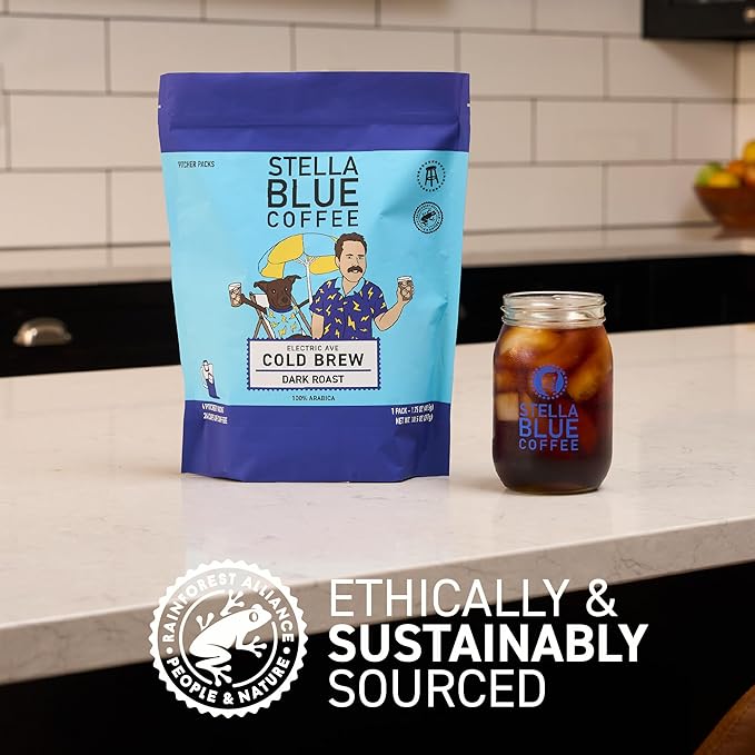Stella Blue Cold Brew Coffee Bags, Electric Ave Blend, Dark Roast Ground Coffee, Smooth, Bold and Refreshing 100% Arabica, 6 Brew Packets, Makes 24 Cups, Rainforest Alliance Certified