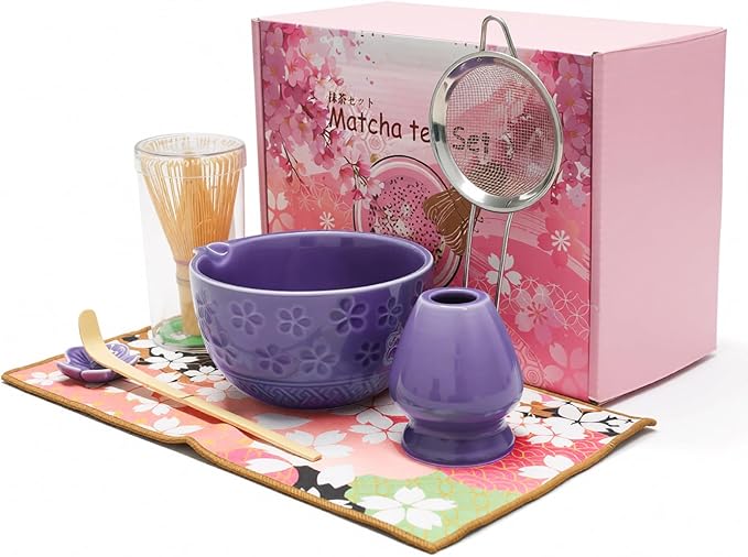Matcha Whisk Sets 7 Pcs Includes Ceramic Bowl, Bamboo Whisk, Scoop, Sifter, Whisk Holder, Scoop Rest & Tea Towel | Japanese Matcha Ceremony Gift Set for Matcha Lovers (Purple)