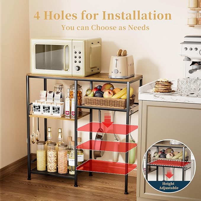 Consumest Microwave Stand, Adjustable Coffee Bar Cabinet, Multifunctional Pan Organizer with 6 Hooks and 3 Shelves, Bakers Rack for Shovel, Pots, Fruits, Vegetables, Brown&Black