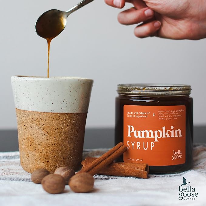 Bella Goose Pumpkin Syrup (16oz) - Homemade Pure Cane Sugar Syrup for Lattes, Matcha, Desserts & Ice Cream - Clean Ingredient - No Artificial Flavors, Dyes or Preservatives - Syrups for Coffee Drinks