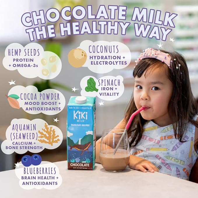 Chocolate Kiki Milk, Organic, Plant Based, Gum Free, GMO Free, Dairy Free, Soy Free, Gluten Free, Glyphosate Free (8 oz • Pack of 12)