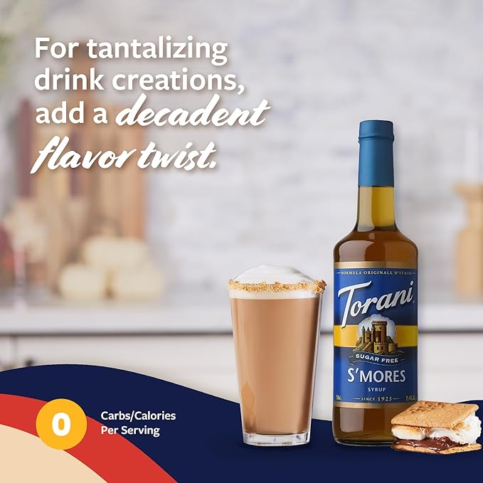 Torani Sugar Free Coffee Syrup, S’Mores Flavoring for Drinks, Zero Calorie, Glass Bottle with Pump Included, 25.4 Fl Oz