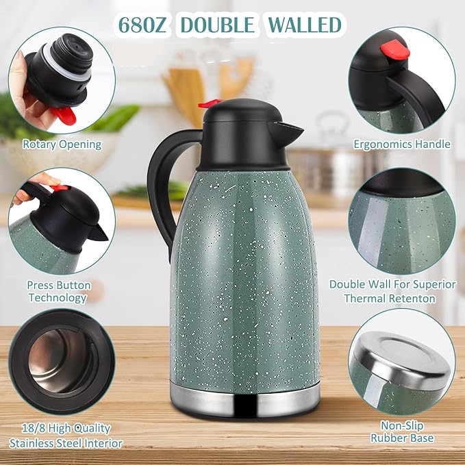 Yummy Sam Thermal Coffee Carafe Stainless Steel 68oz(2 Lifter) Double Walled Vacuum Coffee Water Beverage Dispenser 12 Hour Heat Retention/24 Hour Cold Retention (Green)