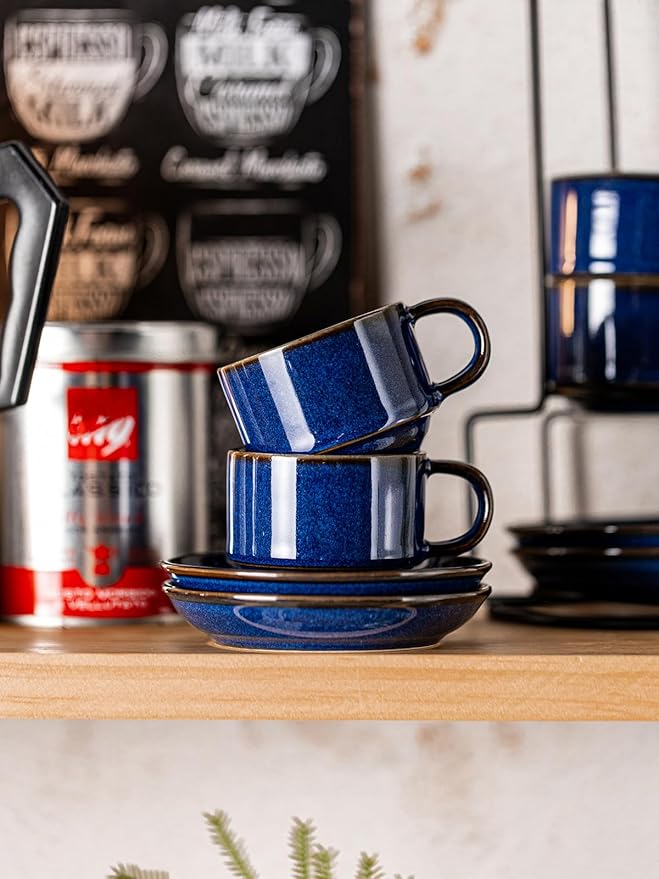 Gomakren 2.5 Ounce Espresso Cups Set of 4, Small Stackable Coffee Cups with Saucers and Metal Stand, Christmas Porcelain Demitasse Cups for Specialty Coffee Drinks, Espresso, Cappuccino, Cobalt Blue