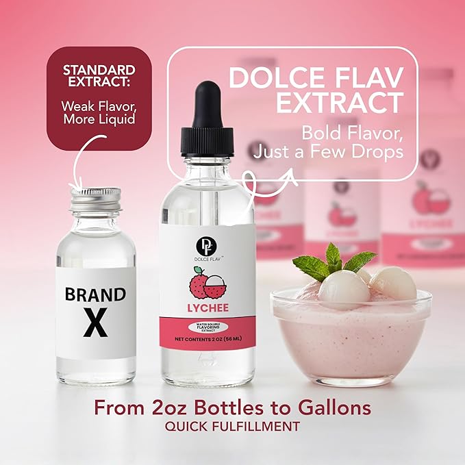 Dolce Flav Natural Lychee Extract – 2 Ounce Water-Soluble Kosher, Sugar-Free, Concentrated Exotic Lychee Flavoring for Beverages, Desserts & Baking, Includes Measured Dropper