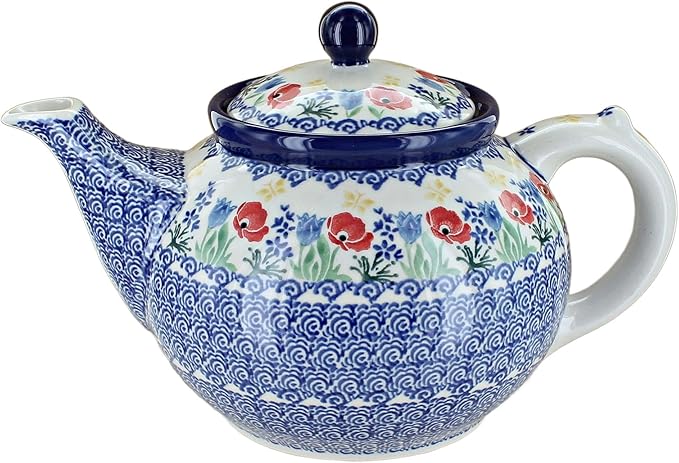Blue Rose Polish Pottery - Blue Memory Garden Medium Teapot - 4 Cup Capacity - Hand-Painted Polish Pottery Ceramic Coffee & Tea Server