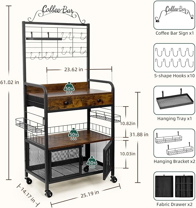 Coffee Bar Cart with Wheels, 5-tier Coffee Bar Table, Kitchen Coffee Bar Cabinet with Storage, Rustic Coffee Bar, Rolling Coffee Cart, Coffee Nook, Corner Coffee Bar Station with Drawer, Bakers Rack