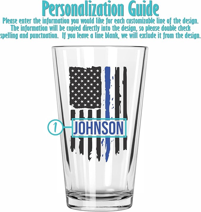 Blue Ridge Mountain Gifts - Thin Blue Line Pint Glass - Personalized Law Enforcement Glass, Police Officer Appreciation, Back the Blue, Police Academy Gift, First Responders Custom Glassware