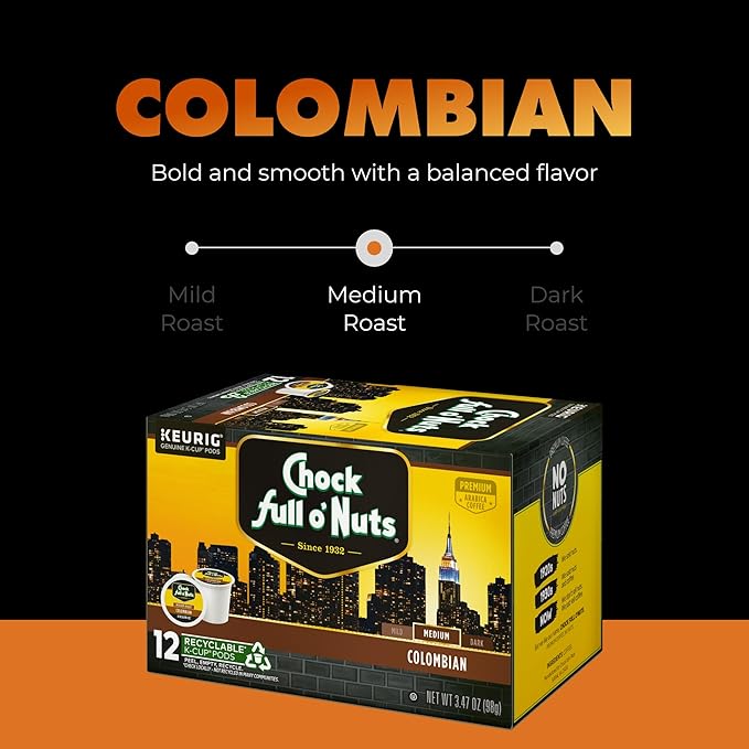 Chock Full o' Nuts Colombian Keurig K-Cup Pods for Keurig Brewers – Premium Arabica, Medium Roast – Single Serve – 1 Pack of 12 K-Cup Pods