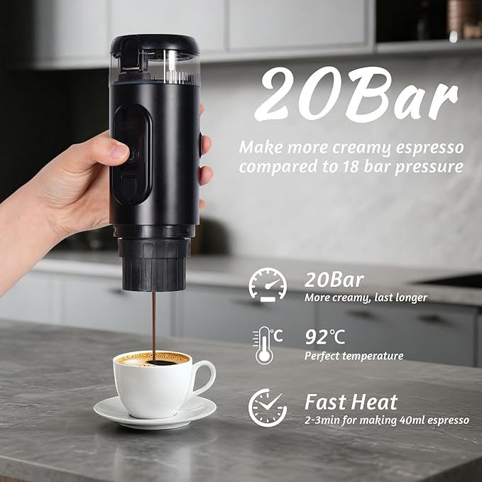 Portable Coffee maker, Electric Travel Espresso Machine with Self-Heating & USB-C, 20Bar High Pressure, Compatible with Coffee Capsules & Grounds（NS&DG） for Camping, RV, Office, Car
