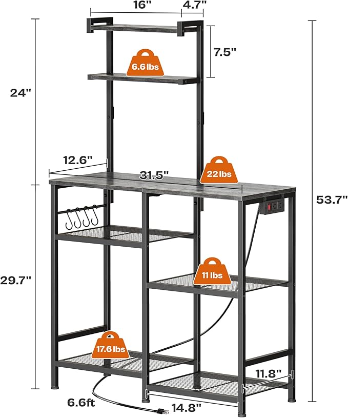 Huuger 31.5 Inch Bakers Rack with Power Outlets, Kitchen Microwave Stand with Storage, Coffee Bar with 4 Hooks, 3-Level Height Open Shelves, Grey