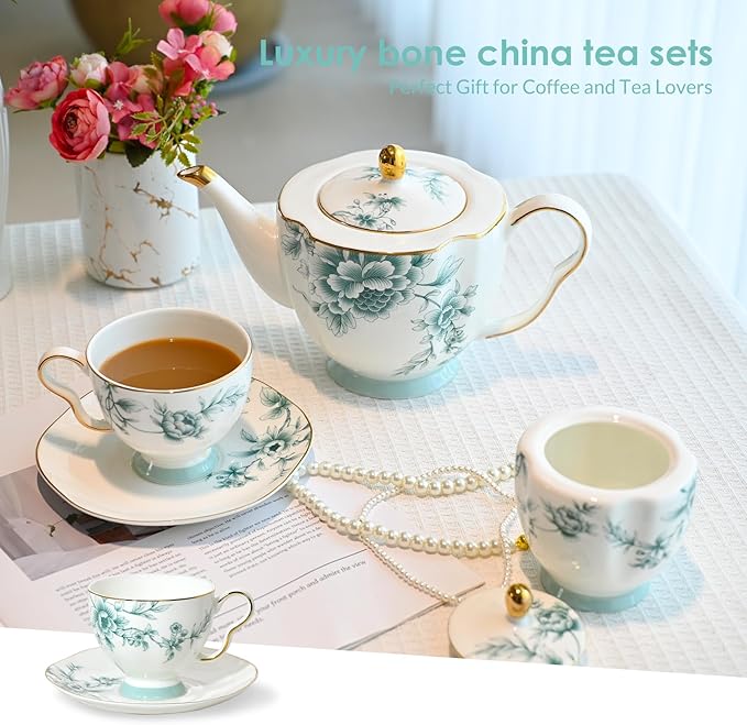 ACMLIFE Bone China Tea Sets for Adults, Blue and White Tea Gift Set, 21 Piece Porcelain, Cup and Saucer Set for 6 Vintage Floral Party for Women or Christmas Gifts Giving (Blue-Leaf-21)