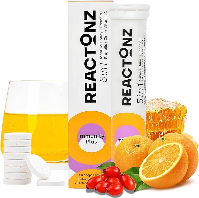 5 in 1 Immunity Plus – Immune Support & Antioxidant Supplement – Vitamin C, Zinc, Manuka Honey, Rosehip & Propolis – Natural Zesty Orange Flavor – 20 Day Supply Effervescent Tablets
