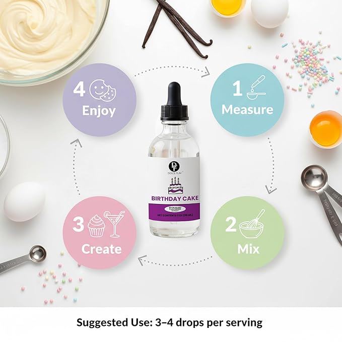 Dolce Flav Birthday Cake Extract – 2 Ounce Water-Soluble Kosher, Sugar-Free, Concentrated Festive Cake Flavoring for Frostings, Cupcakes & Desserts, Includes Measured Dropper