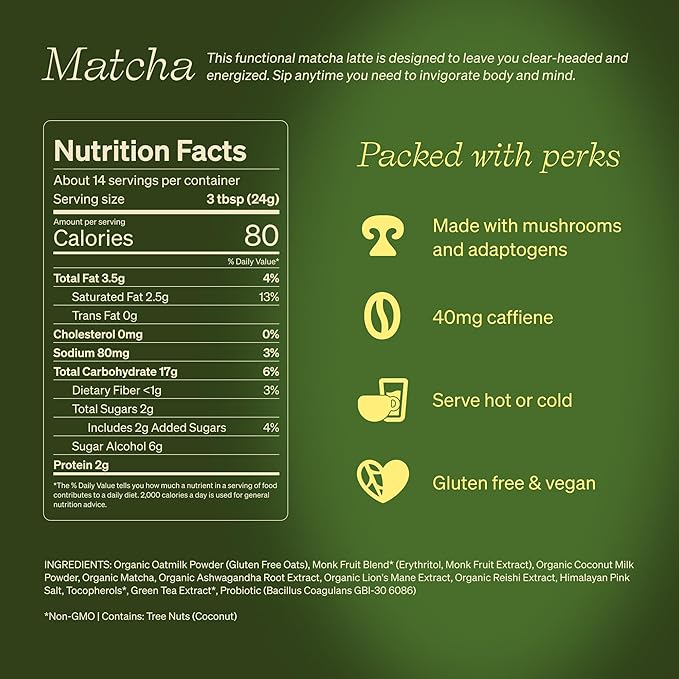 Clevr Organic Matcha Green Tea Latte, Instant Ceremonial Grade, Superfood Powder Blend with Oat Milk, Lions Mane, Reishi Mushroom, Coconut Cream, Ashwagandha, Serve Hot or Iced, (14 Lattes)