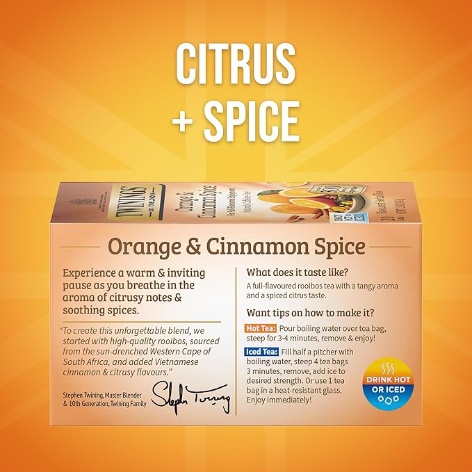 Twinings Orange & Cinnamon Spice Herbal Tea Individually Wrapped Bags, 20 Count (Pack of 2), Naturally Caffeine-Free, Enjoy Hot or Iced, 20 Teabags