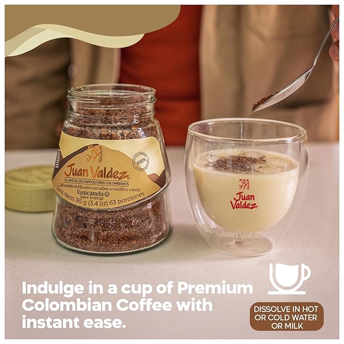 Juan Valdez Freeze-Dried Instant Coffee - Vanilla Cinnamon Flavor | 100% Colombian Arabica Beans | Sweet & Aromatic 100% Colombian Coffee | 3.35 oz / 95 g Jar | Easy to Prepare