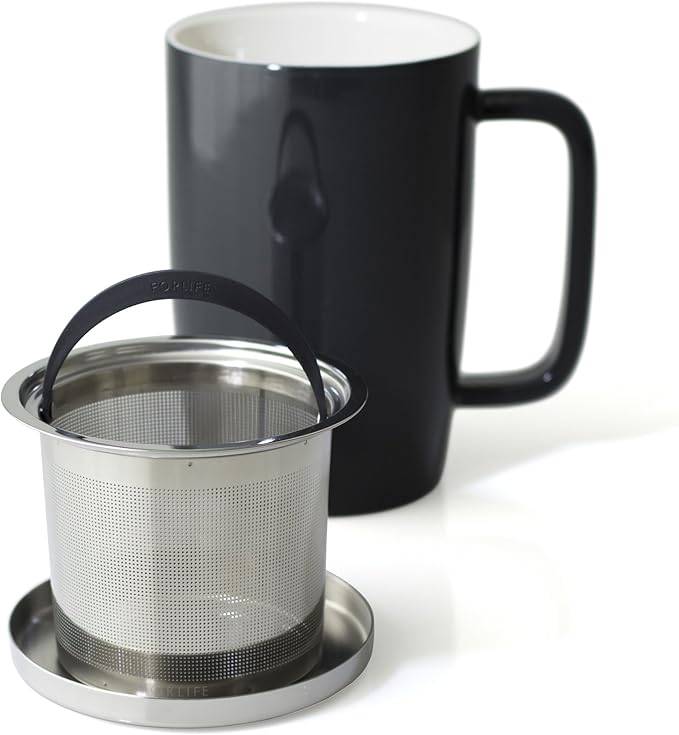 FORLIFE Dew Glossy Finish Brew-In-Mug with Basket Infuser & "Mirror" Stainless Lid 18 oz., Black Graphite