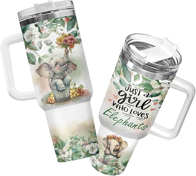 34HD Gifts for Women, Stainless Steel Tumbler with Lid, Coffee Travel Mug, Double-Wall Vacuum Insulated Tumbler, Leak Proof Drinking Cup, 40 Oz, Baby Elephant