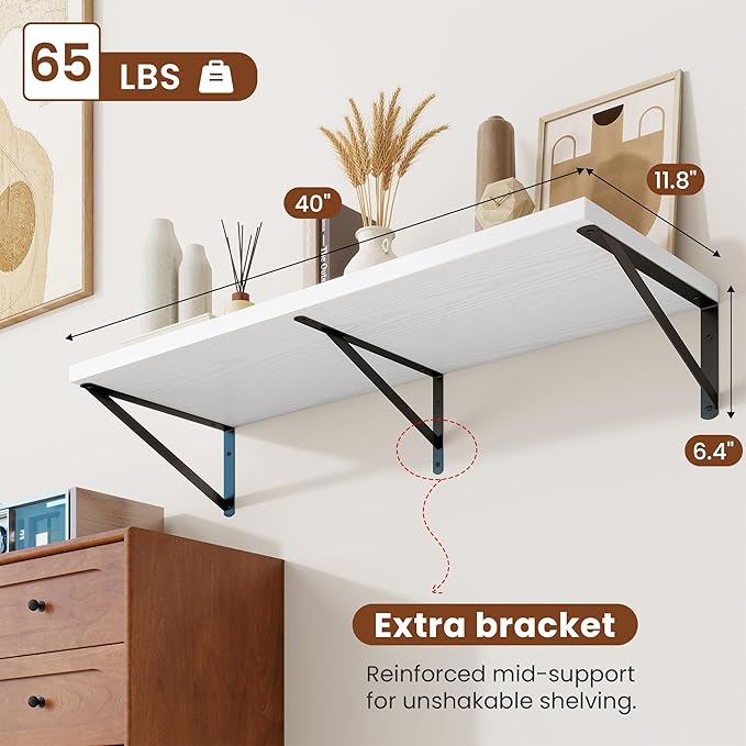 Deep Wall Shelves 40"W x 12"D Engineered Wood Floating Shelves for Wall, Sturdy Metal Bracket Bookshelves Home Decor Storage for Living Room Bedroom Bathroom Kitchen, Set of 2, White Finish