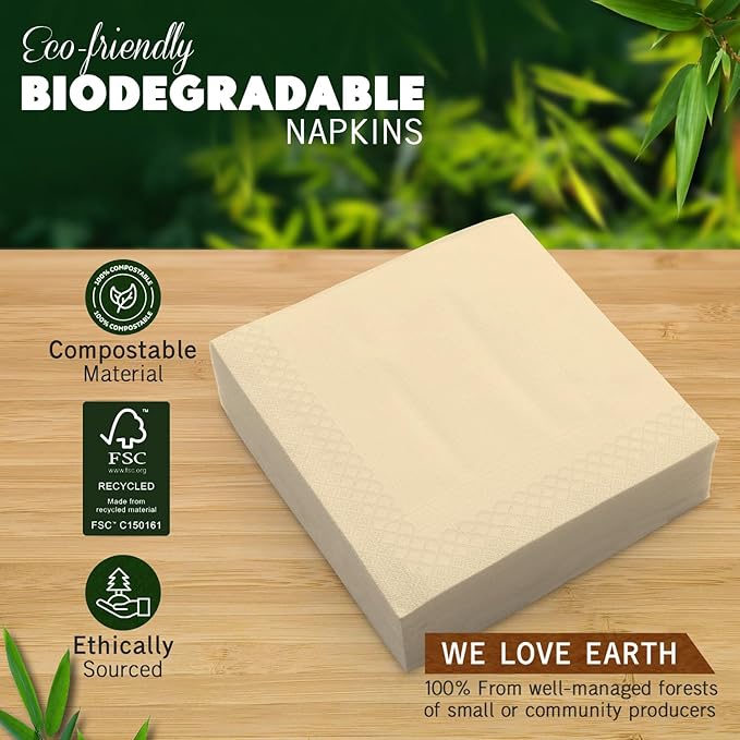 Weemium Compostable Napkins Disposable - FSC Certified - Pack of 300, 2-Ply - 5 x 5 Inch Folded - Post-Consumer Recycled Materials - Biodegradable & Highly Absorbent Paper Napkins for Lunch & Dinner