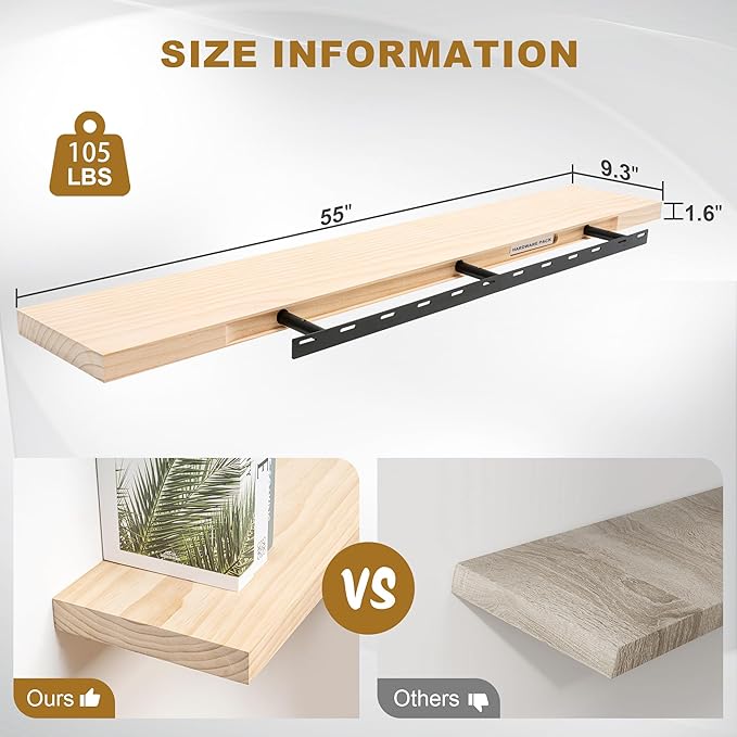 Fun Memories Floating Shelves, 9.3 Inch Deep Solid Pine Wood Wall Shelves for Storage, Wall Mounted Display Shelf with Invisible Heavy-Duty Metal Bracket, 55 Inch Width, Unfinished - DIY Stain
