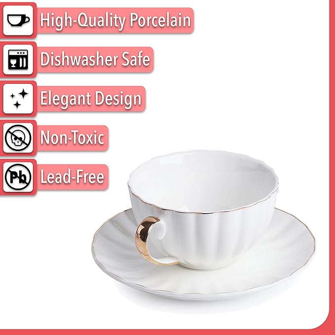 BTaT- White Tea Cups and Saucers Set of 6 (7 oz), Porcelain White Tea Cup Set with Golden Trim Design, Dishwasher Safe, Christmas Gifts